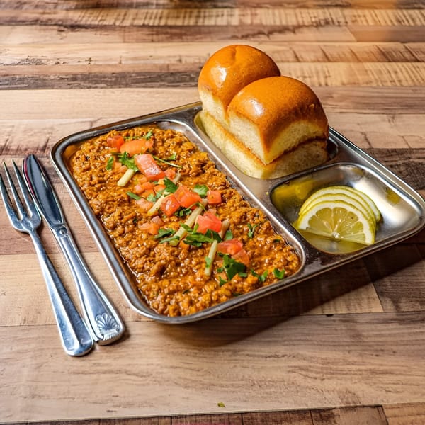 Bombay Street Foods' Pav Bhaji, a spiced vegetable mash with two buns and lemon slices on a metal tray.