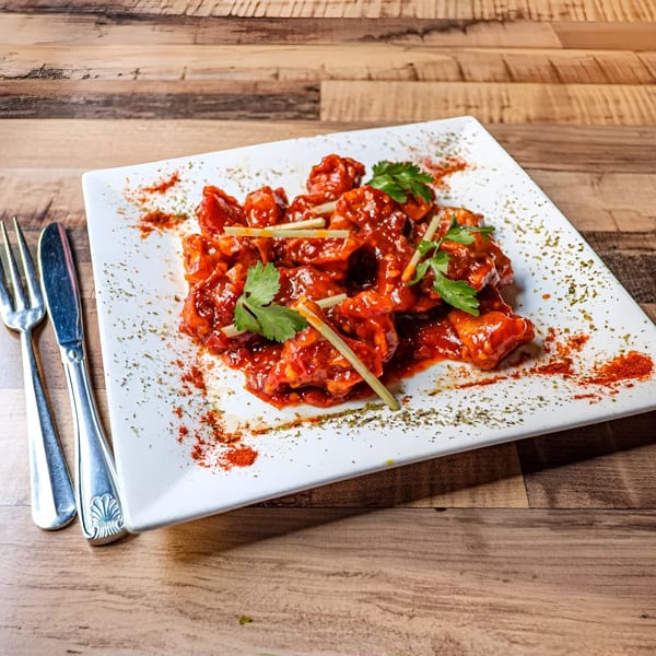 Bombay Street Foods' red chili chicken, garnished with cilantro and ginger, on a white plate.