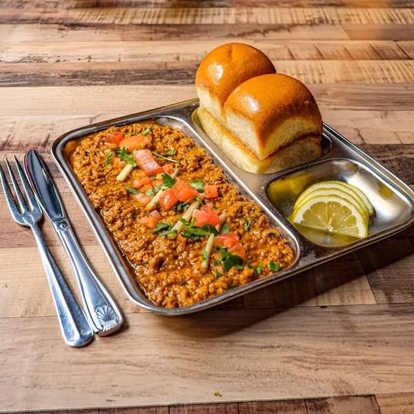 Bombay Street Foods' Pav Bhaji, a spiced vegetable mash with buttered buns and lemon slices on a metal tray.
