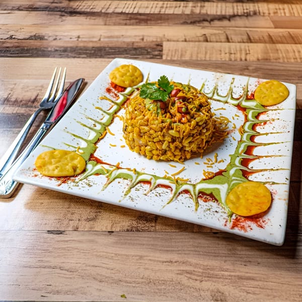 Bombay Street Foods' Bhel Puri, a savory Indian snack, garnished with cilantro and sauces.