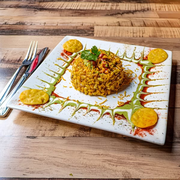 A Bombay Street Foods Bhel Puri dish, garnished with cilantro, on a white plate with green and red sauces.