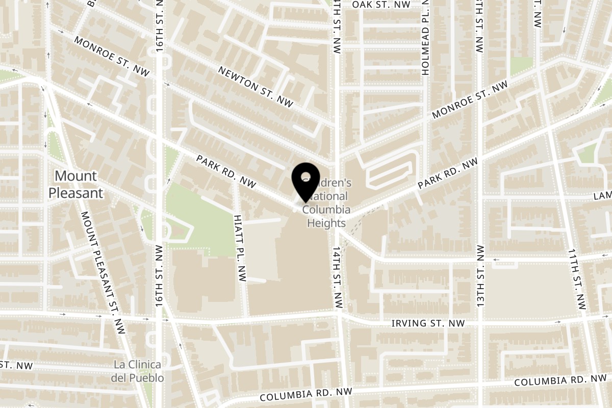 Map showing the location of Bombay Street Foods Bombay Street Food on 1413 Park Rd NW in Washington